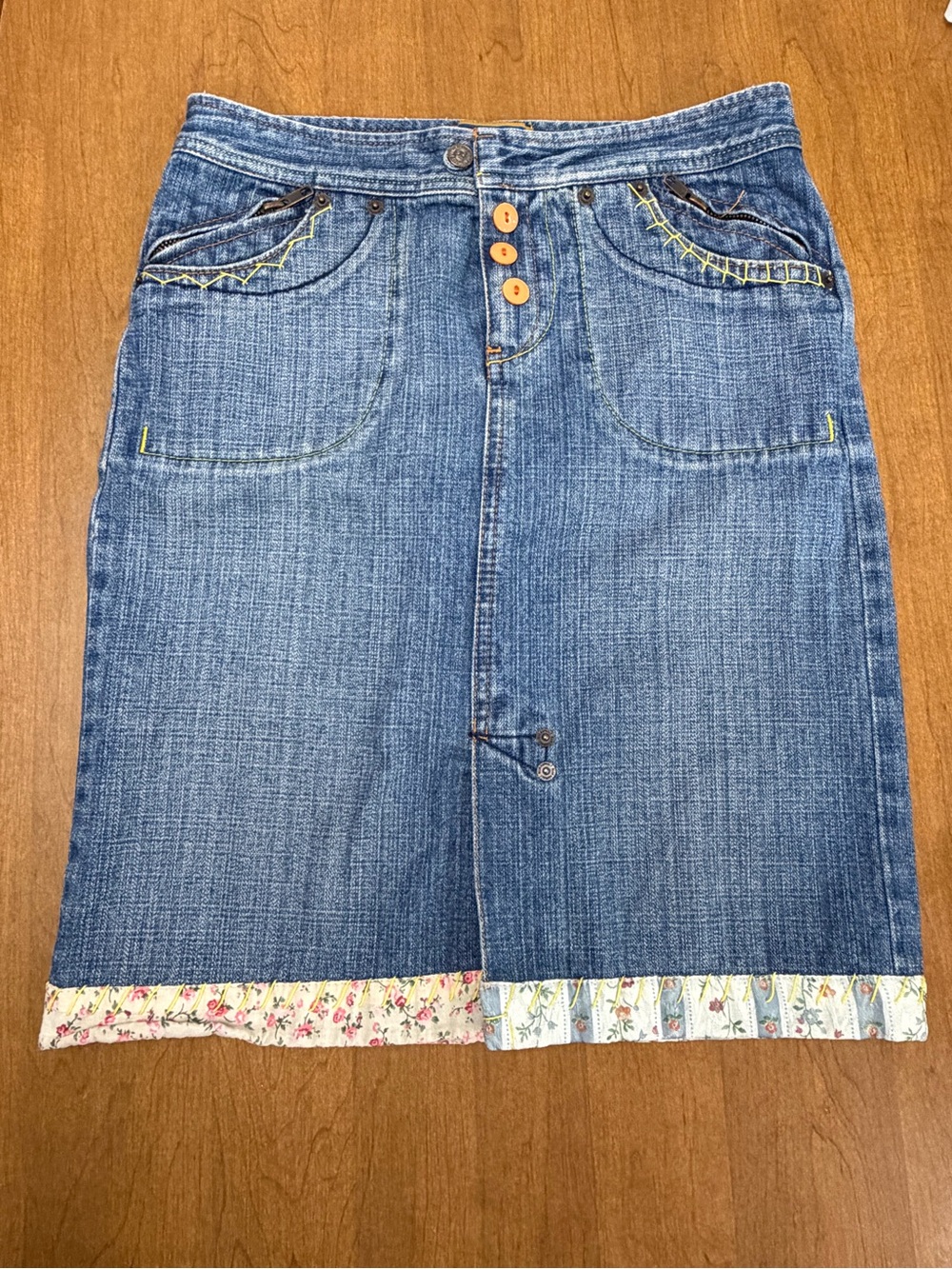 Blue Asphalt Blue Denim Mini Skirt with Floral Hem Trim